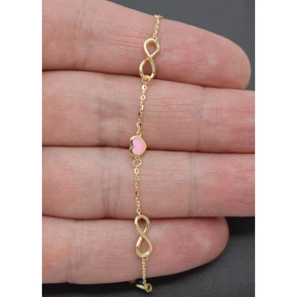 Real 14K Yellow Solid Gold 7" Shiny Infinity Multicolor Enamel Hearts Bracelet